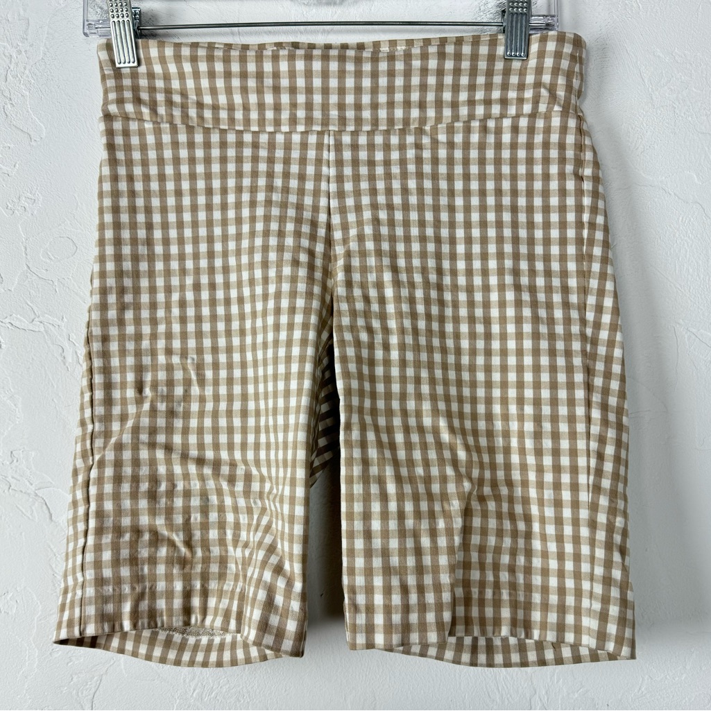 J Mclaughlin Shorts Bermuda Gingham Plaid Print Tan White Cream Shaping Band